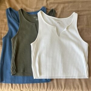 American Eagle Outfitters Ribbed Tank Tops - White, Olive, Blue